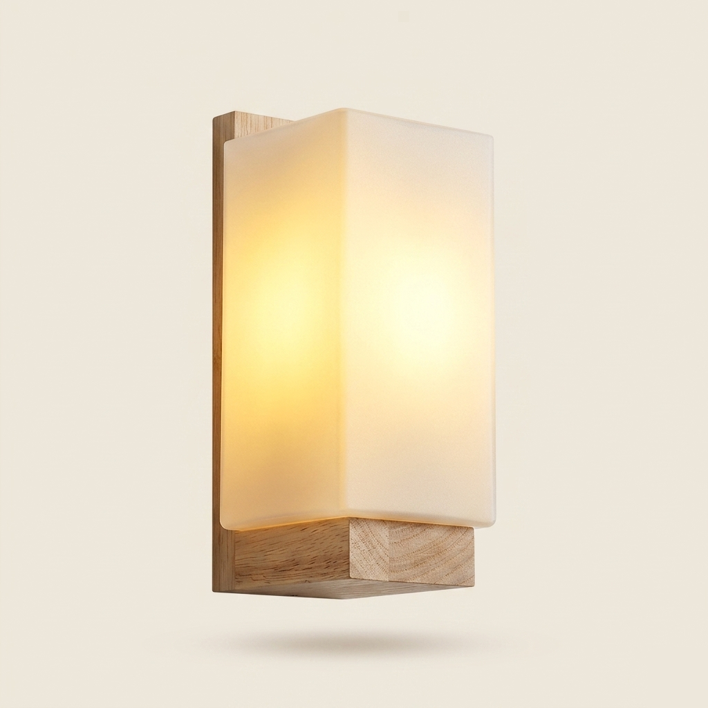 Wood & Frosted Glass Wall Light - Vintage E27 - product photo