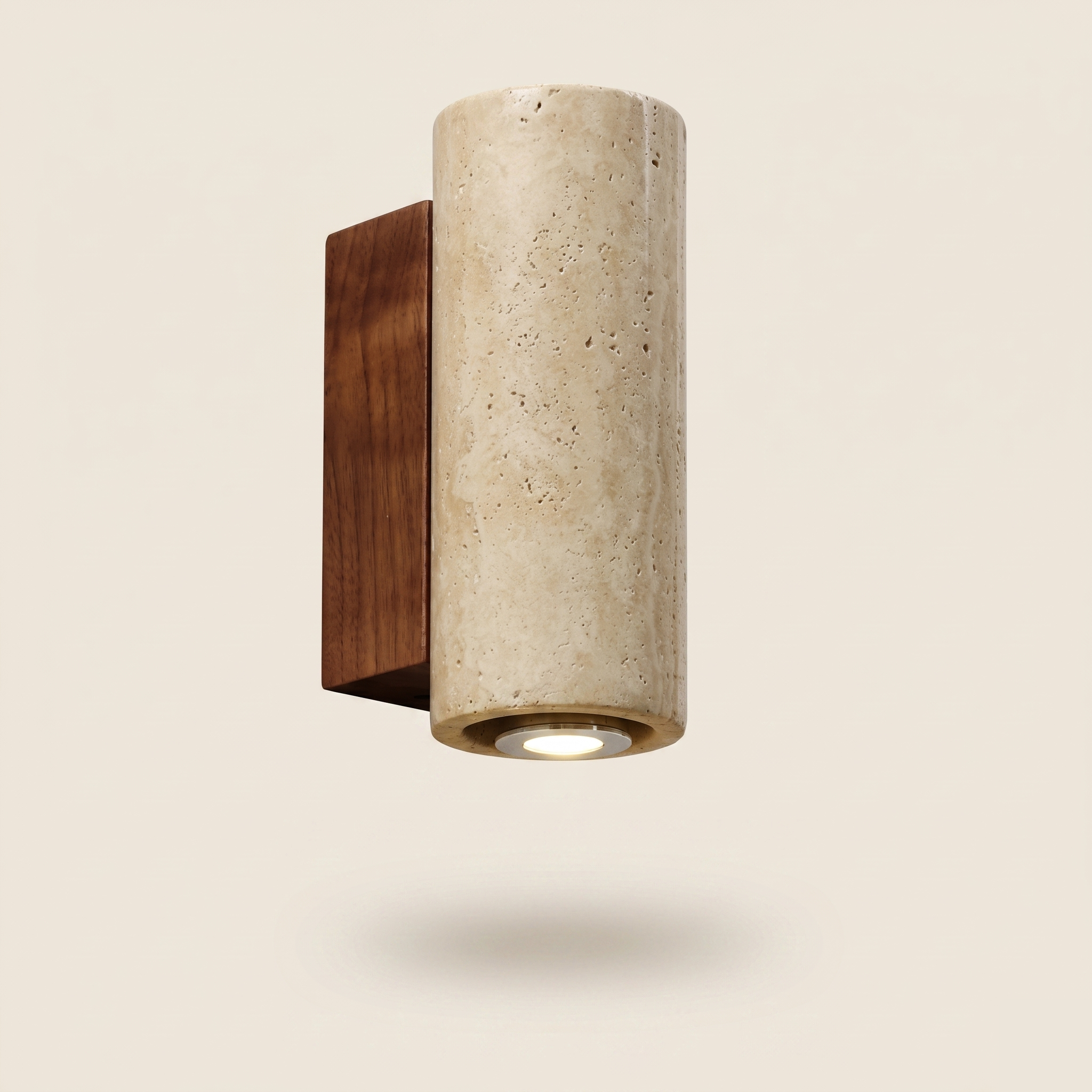 Travertine Stone Wall Light - Wabi-Sabi Wood Base - Round, Walnut Base