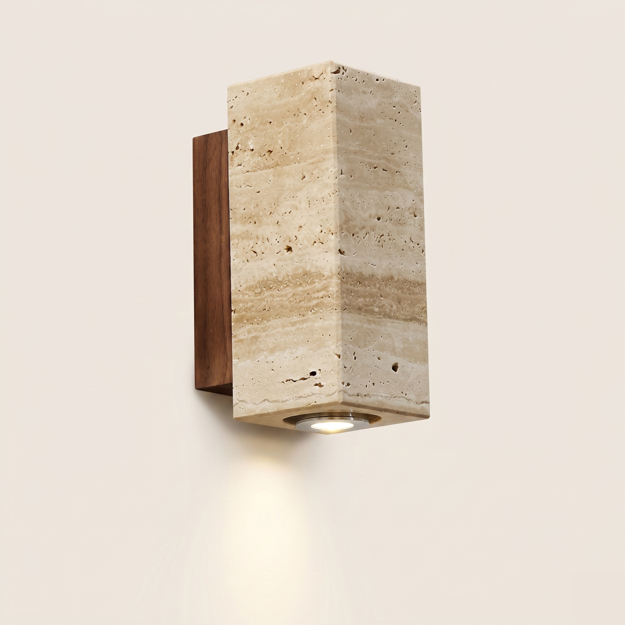 Travertine Stone Wall Light - Wabi-Sabi Wood Base - Square, Walnut Base