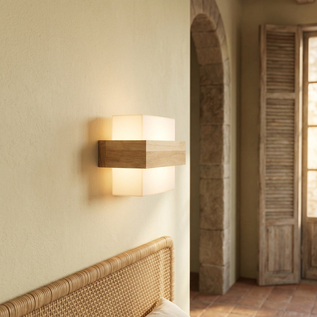 Solid Wood & Frosted Glass Wall Light - Scandinavian - product photo