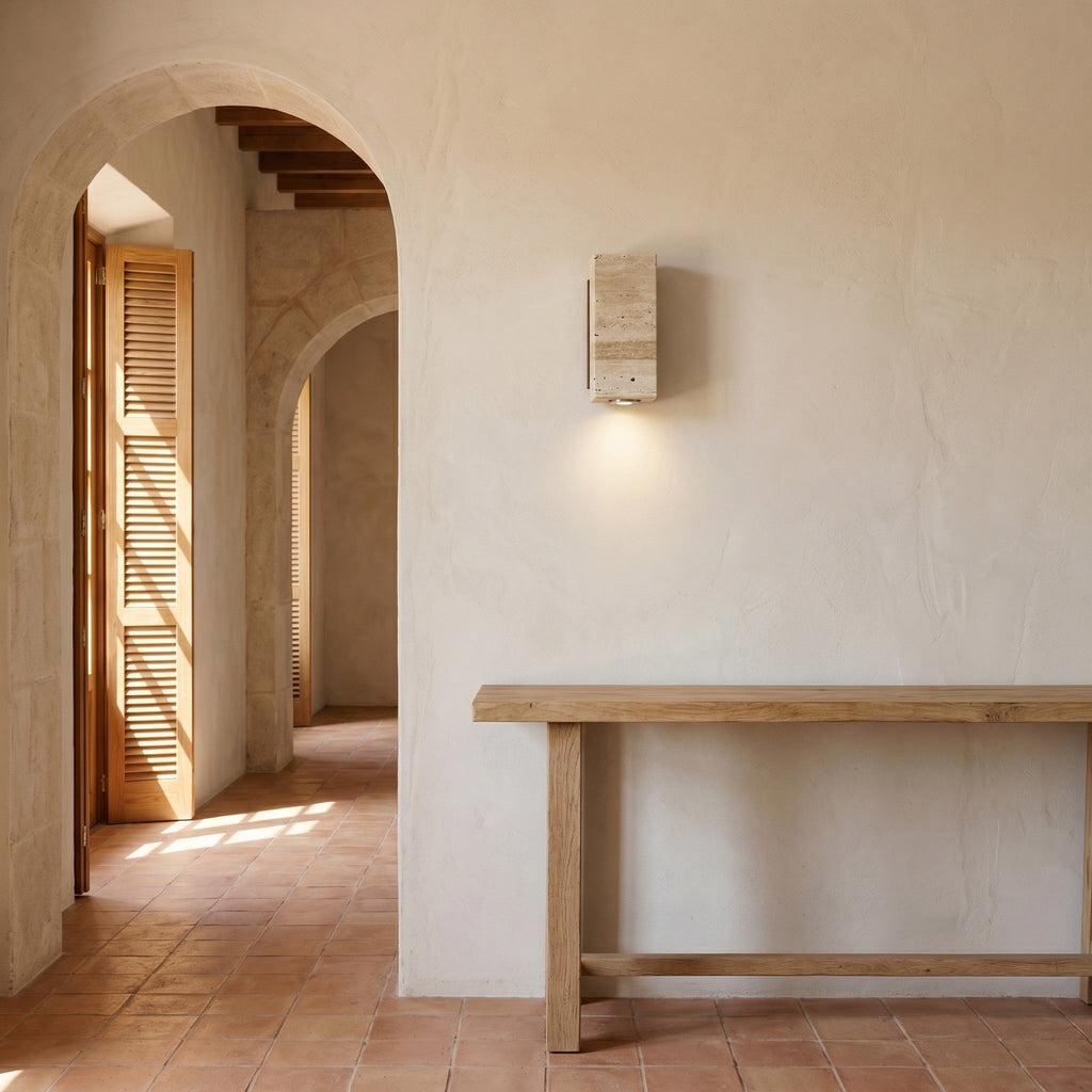 Travertine Stone Wall Light - Wabi-Sabi Wood Base - product photo
