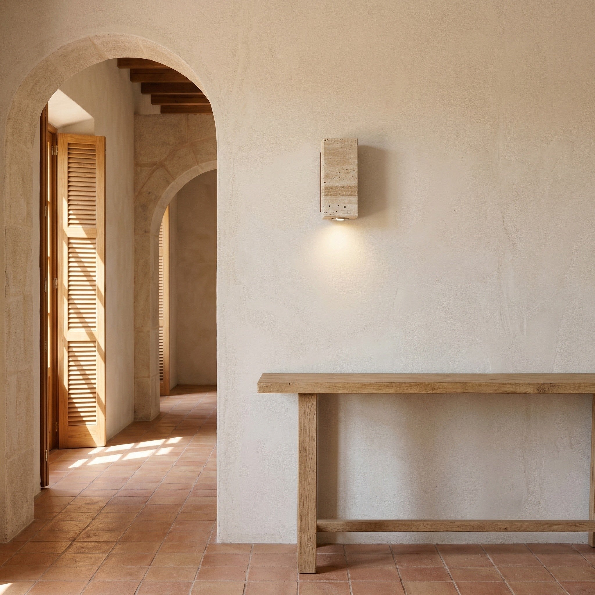 Travertine Stone Wall Light - Wabi-Sabi Wood Base - product photo