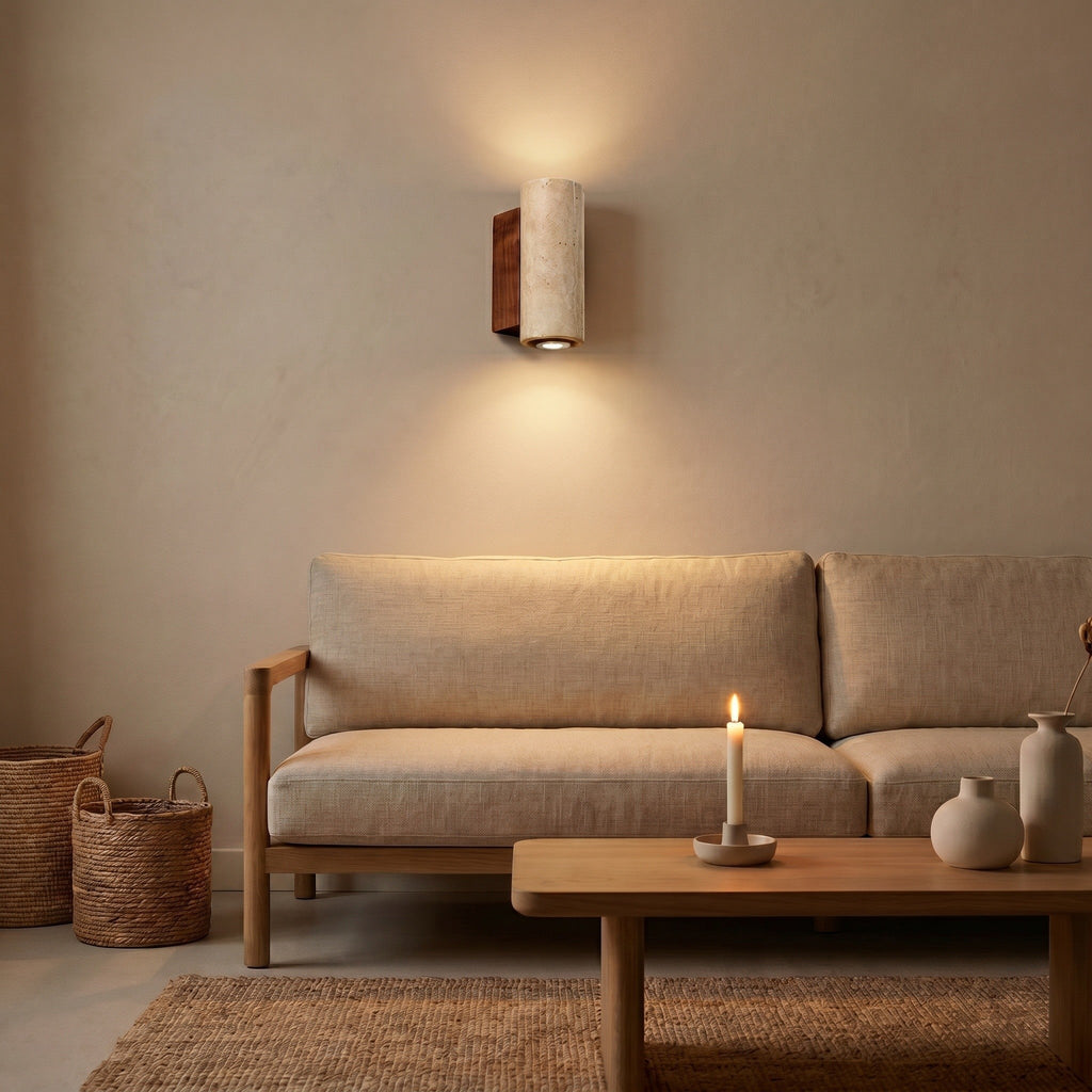 Travertine Stone Wall Light - Wabi-Sabi Wood Base - product photo