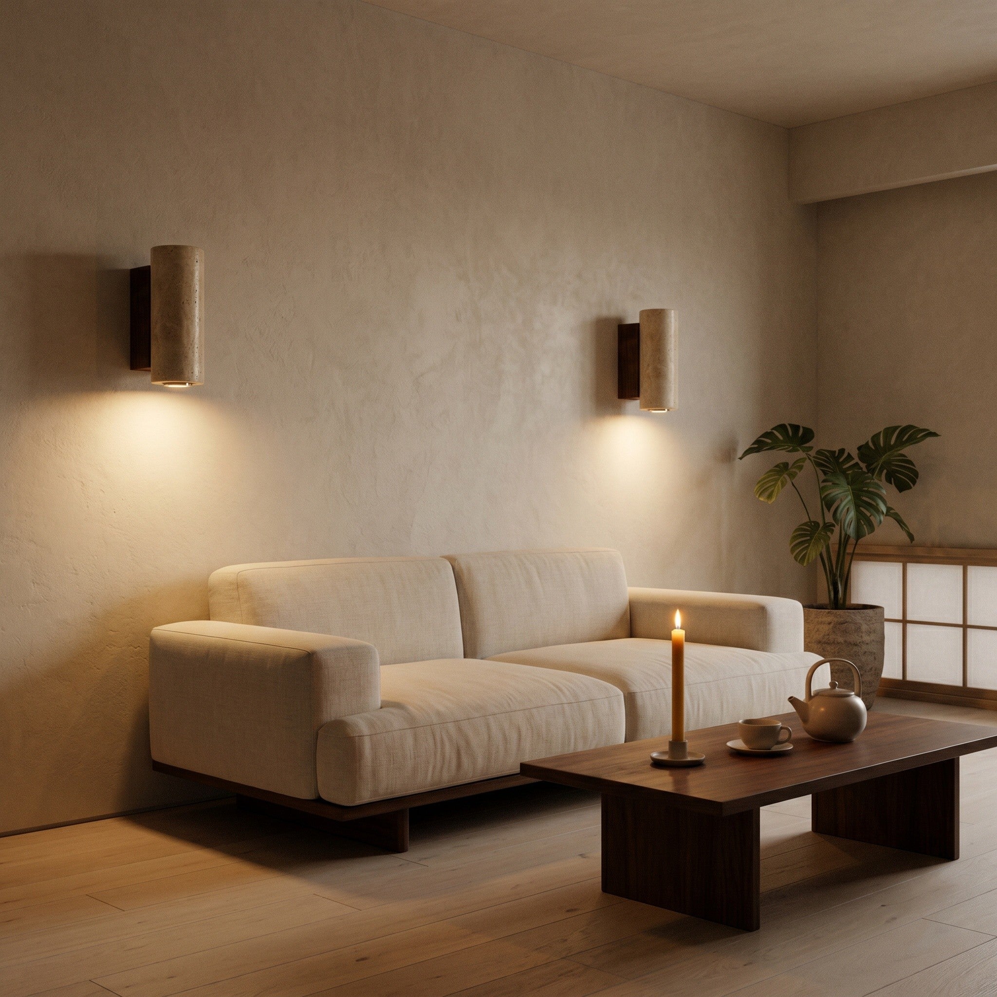 Travertine Stone Wall Light - Wabi-Sabi Wood Base - product photo