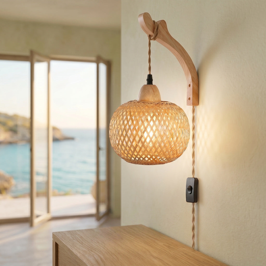Woven Bamboo Wall Lantern Light - Plug-In E27 - product photo